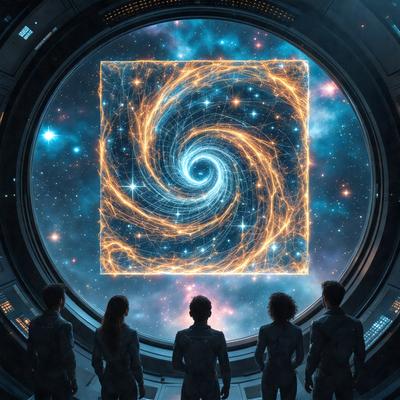 The primary subject of the image is a group of four people standing in front of a large, circular window. The window displays a beautiful and intricate spiral pattern, which serves as the setting or background of the scene. The visual style of the image is a combination of photo and digital art, creating a unique and captivating atmosphere. The colors and mood of the image are predominantly blue and orange, with the blue hues representing the night sky and the orange hues symbolizing the spiral pattern.